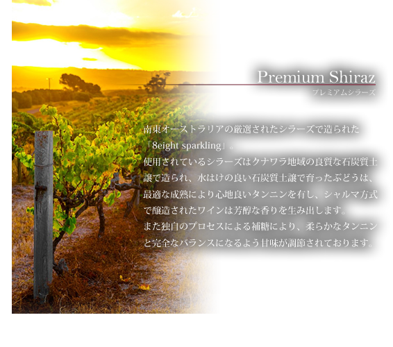 Premium Shiraz プレミアムシラーズ　南東オーストラリアの厳選されたシラーズで造られた「8eight sparkling」。使用されているシラーズはクナワラ地域の良質な石炭質土譲で造られ、水はけの良い石炭質土譲で育ったぶどうは、最適な成熟により心地良いタンニンを有し、シャルマ方式で醸造されたワインは芳醇な香りを生み出します。また独自のプロセスによる補糖により、柔らかなタンニンと完全なバランスになるよう甘味が調節されております。